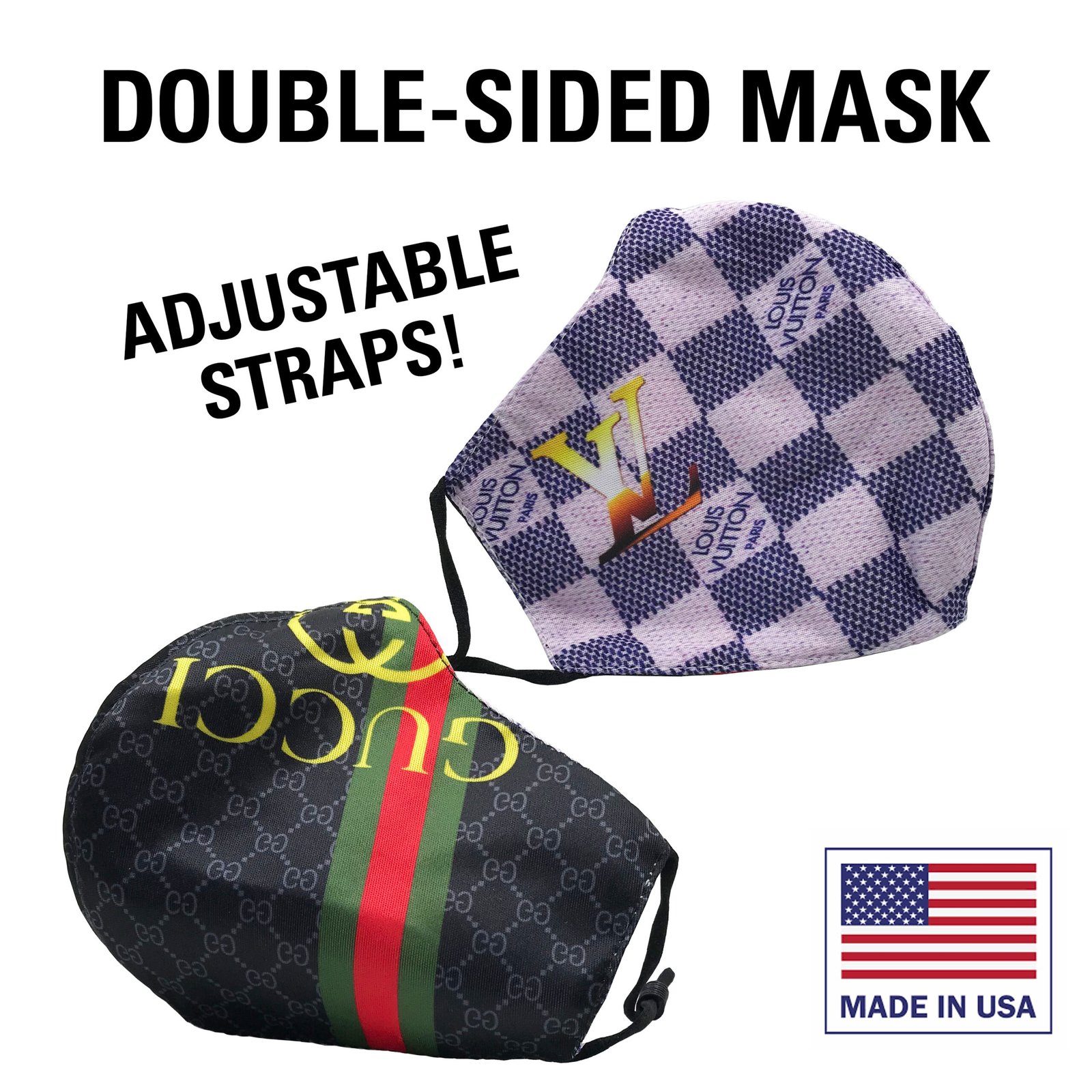 Double-Sided Adult Washable Cloth Masks - Adjustable Straps (Gucci